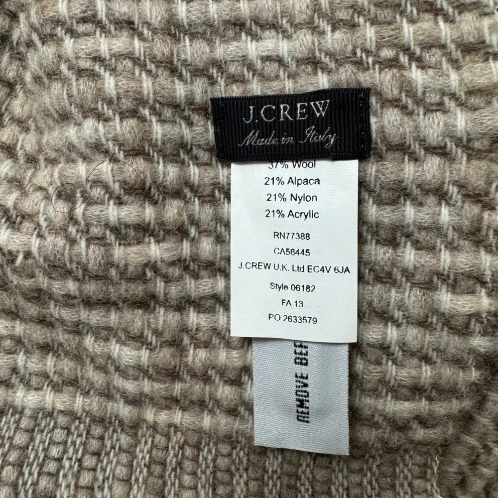 J.Crew Wool Alpaca Scarf Made in Italy Brown Cream Check Fringe Winter